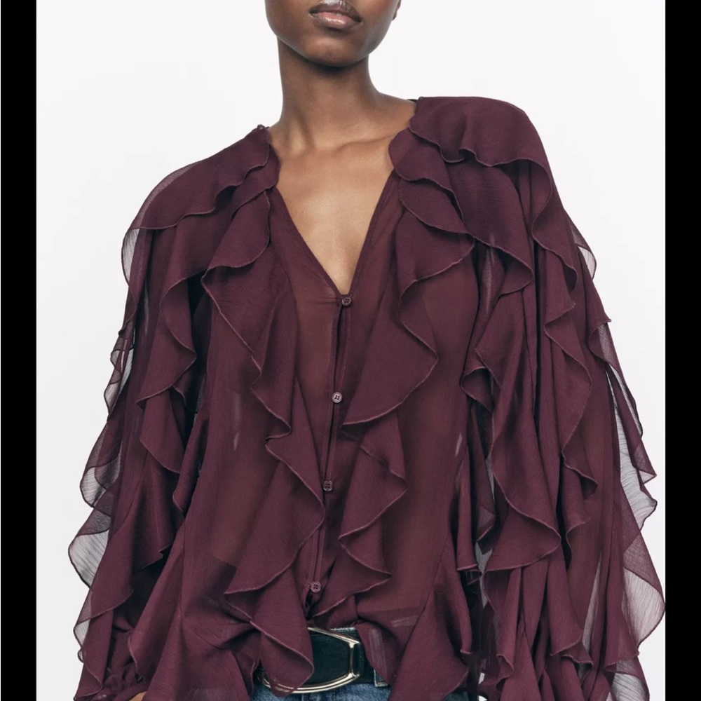 Zara Deep Burgundy Ruffle Blouse